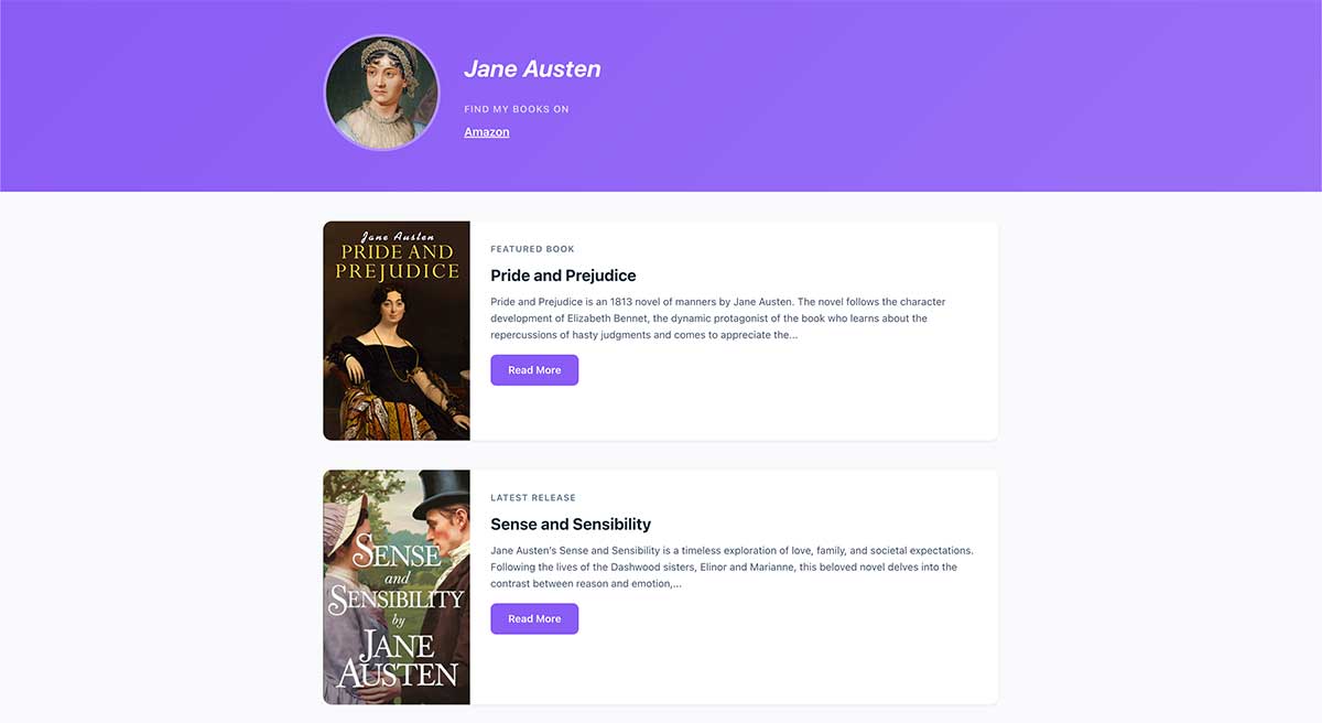 Public author page with hero section, featured book, and book grid