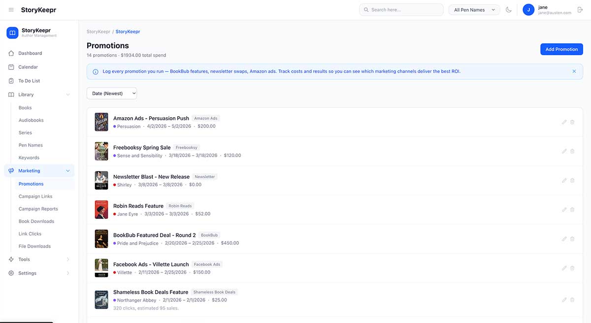 Promotions list showing scheduled and past promotions with costs and results